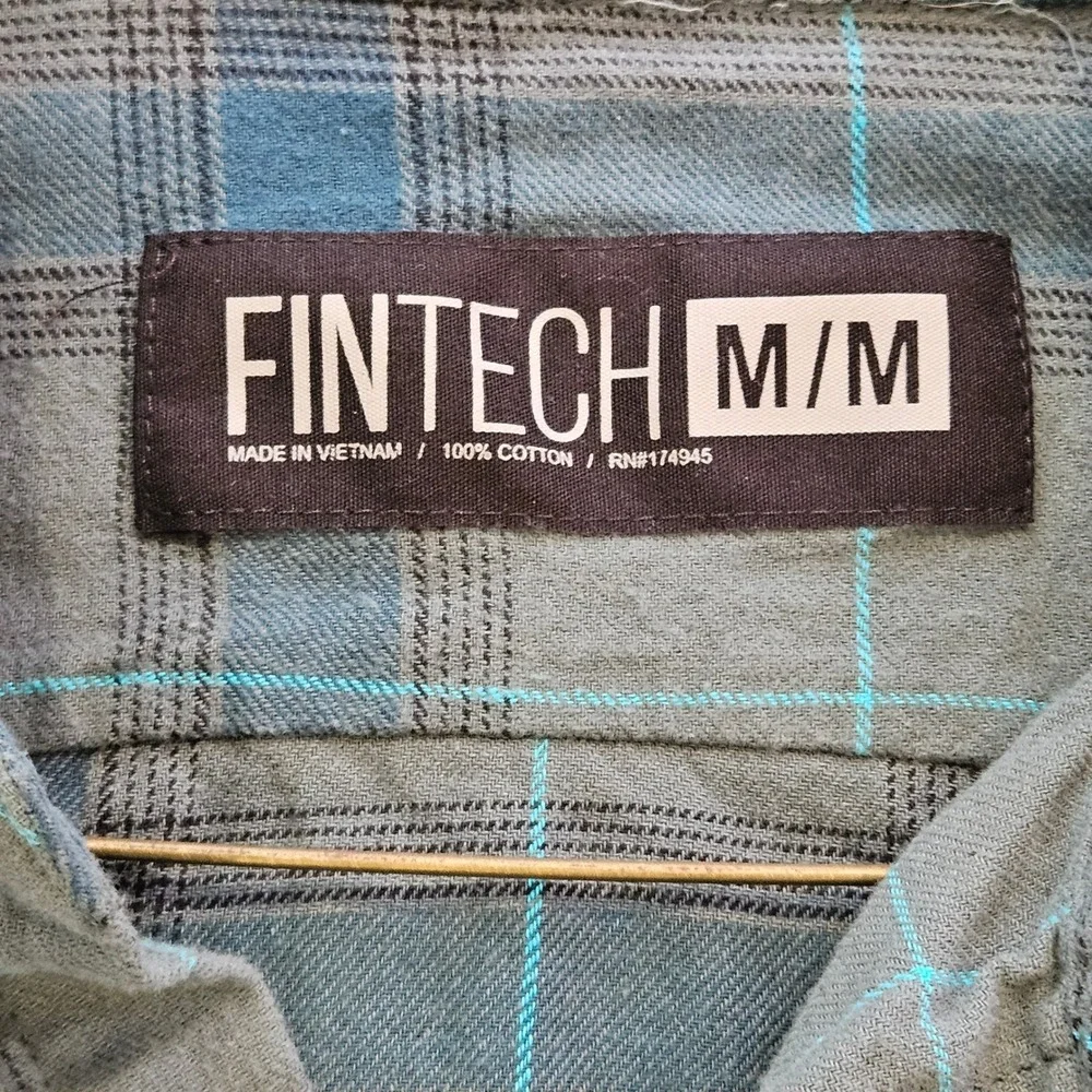 Fintech Mens Plaid‎ Flannel Long Sleeve Button Down Shirt Grey Blue Teal Size M